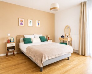 A bedroom with a bed, bedside tables, a dresser, a mirror, and framed artwork on the wall.