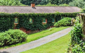 A building with a tiled roof, ivy-covered walls, and a gravel path leading to it.