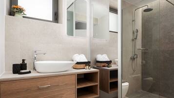 Shower, hair dryer, towels