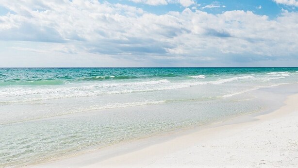 Ein Strand mit blauem Himmel und ruhigem Wasser.