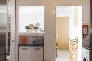 Eine moderne Küche mit Backofen, Toaster und einem Fenster mit Blumentöpfen.