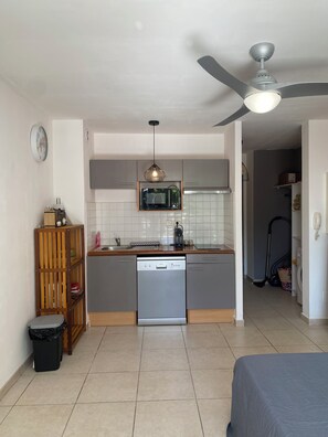 Eine moderne Küche mit Geschirrspüler, Mikrowelle und Deckenventilator.