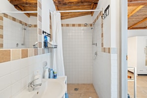 Une salle de bain avec une douche, un lavabo et un miroir.