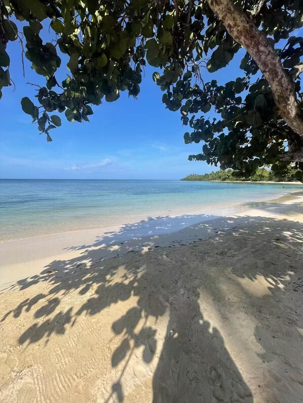 A beach with clear water, sandy shore, and a tree providing shade. - Villa Mana-5 Suites & Private Beach Access (El Portillo)