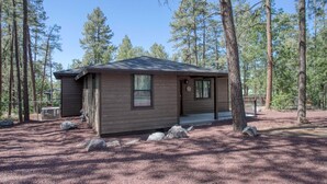 A small cabin with a wooden exterior, a front porch, and a fenced yard. - Modern Cabin in Beautiful Pinetop (Pinetop-Lakeside)