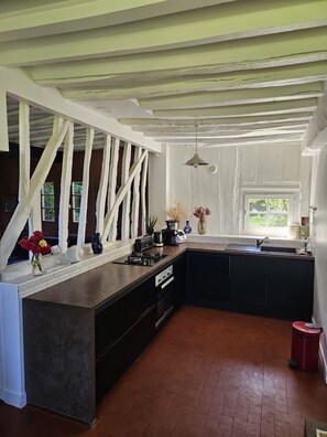 Eine Küche mit einer großen Kochinsel, einem Fenster und einer Pendelleuchte.