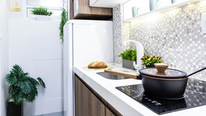 A modern kitchen with a white refrigerator, a sink, a stove, and a potted plant. - Beira-Mar - Canal 4 - AC (Santos)
