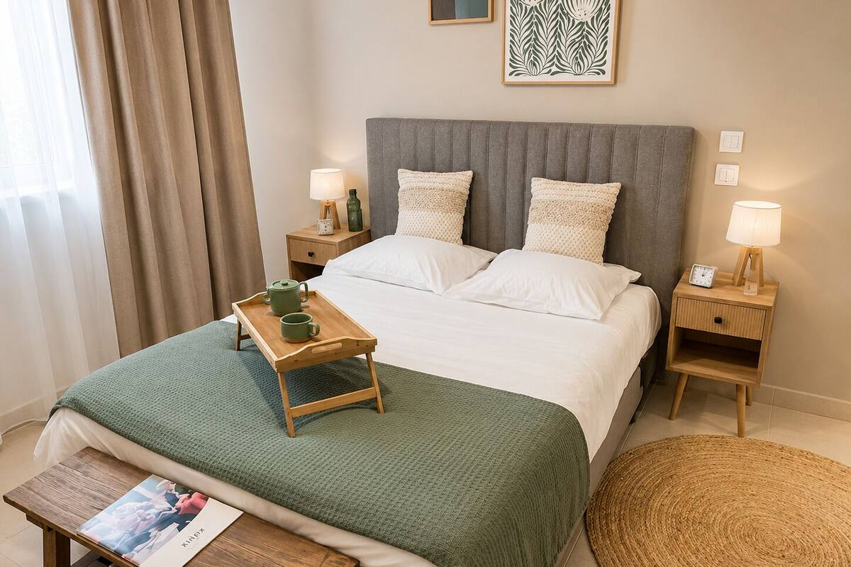 A neatly arranged hotel room with a bed, bedside tables, a tray with tea cups, and a magazine on a side table.