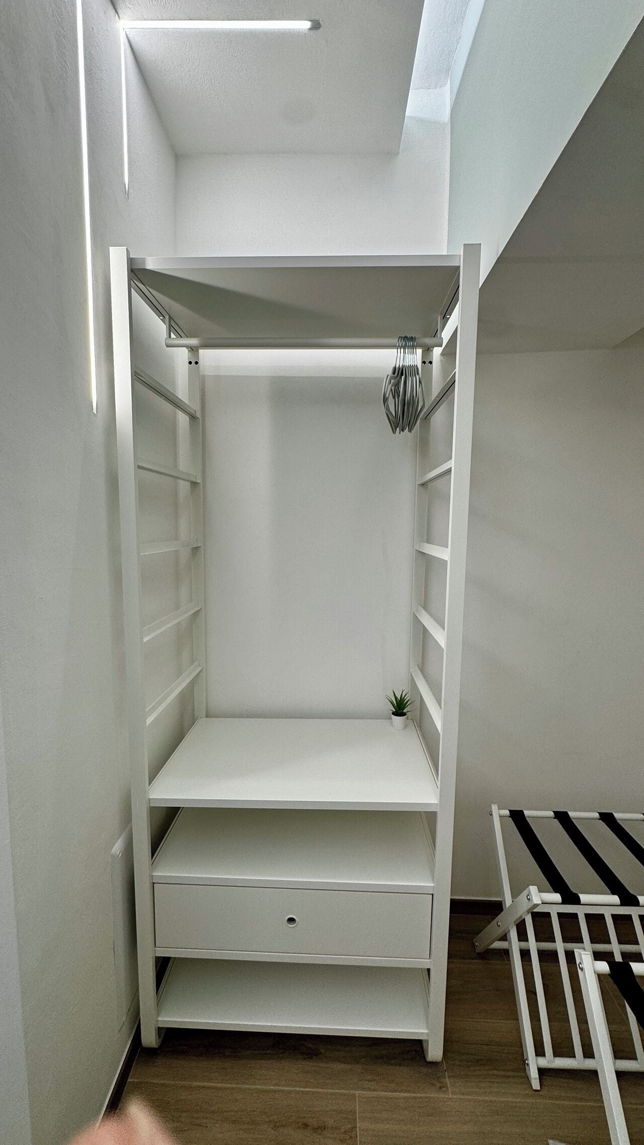 A white built-in closet with shelves and a hanging rod, a small plant on the bottom shelf, and a black and white striped item on the right.