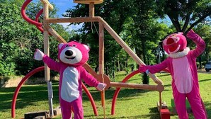 Two individuals in pink costumes standing in a grassy area with a wooden structure. - Camping 4 étoiles - Piscine  - ccbgce0 (Sorgues)
