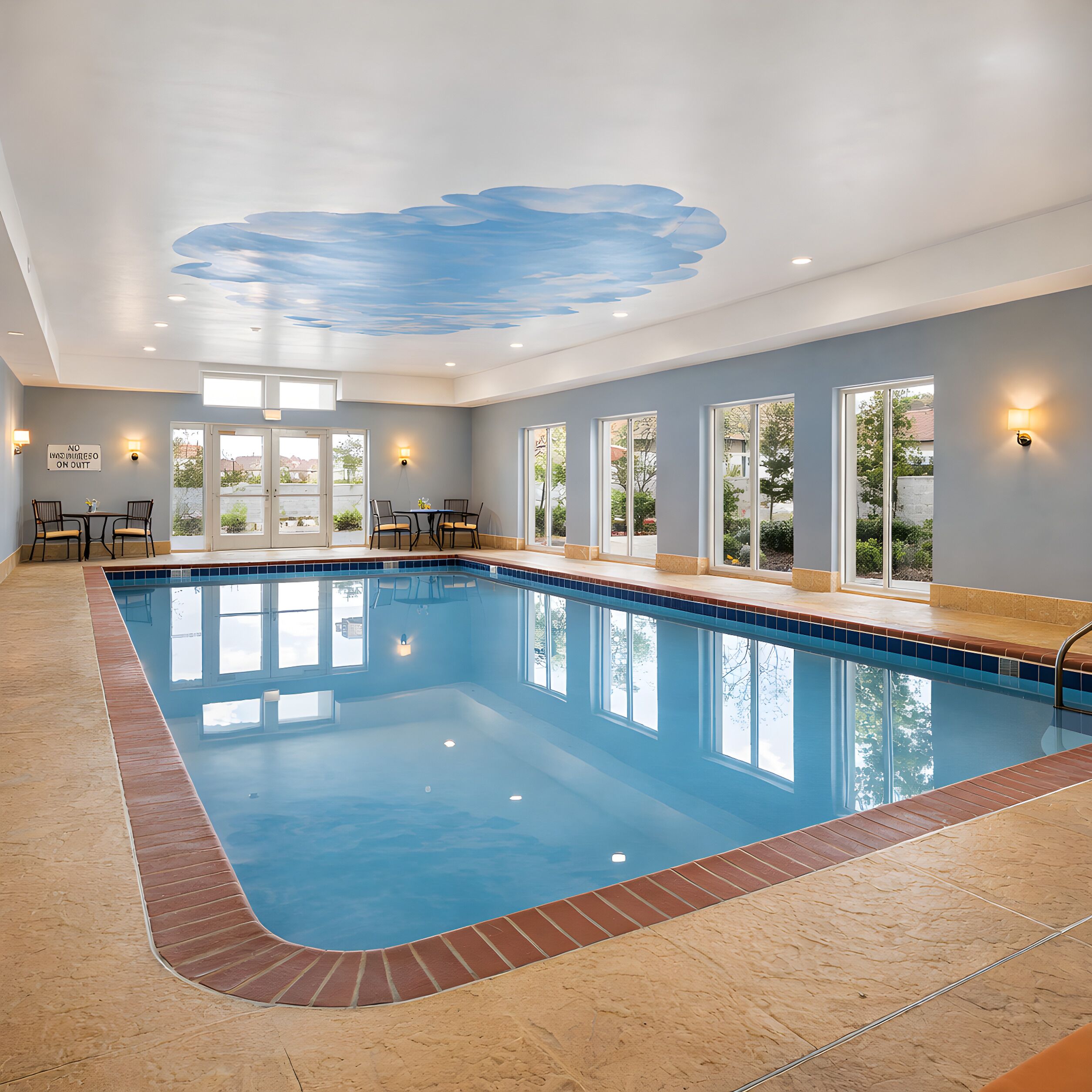 An indoor swimming pool with clear blue water, a tiled floor, and a ceiling with a cloud design.