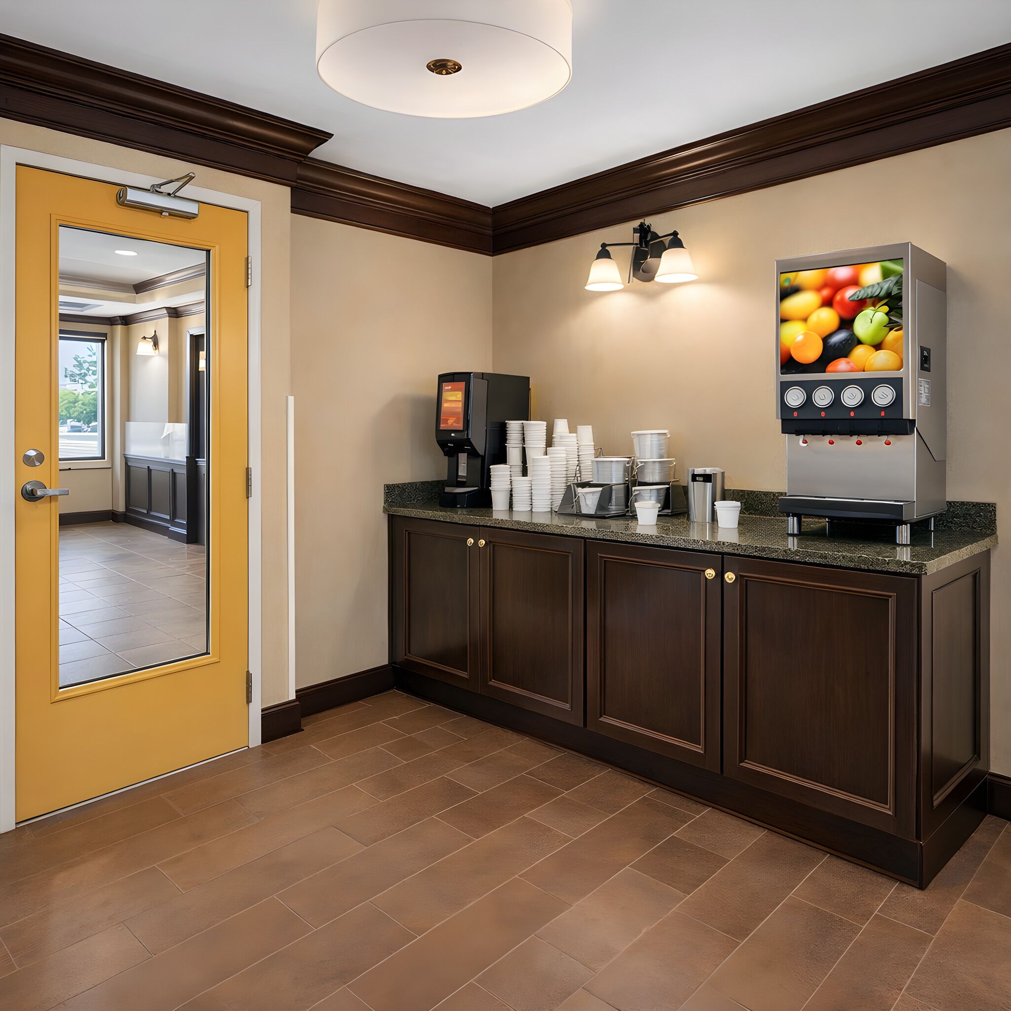 A reception area with a coffee machine, a fruit display, and a door leading to a hallway.