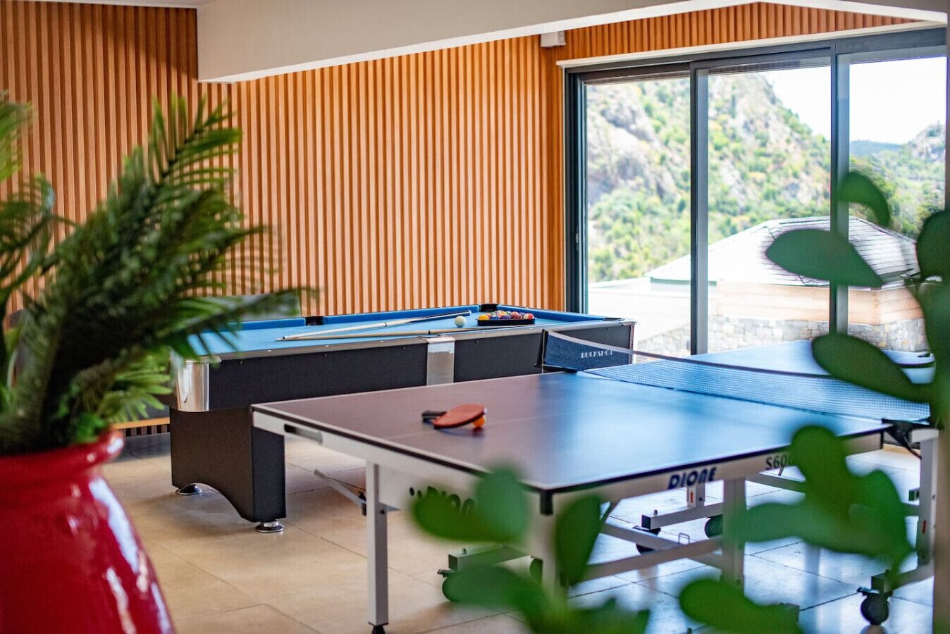 Une table de billard, un vase rouge orné d’une plante et une vue sur un paysage montagneux, visible à travers de grandes fenêtres.