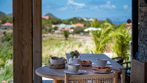 A table with plates, cups, and a small potted plant, set against a scenic outdoor view.