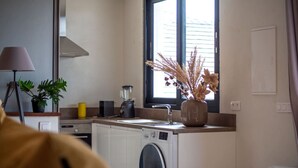 Eine moderne Küche mit Waschmaschine, Spüle, einem Fenster mit Jalousien und einem Blumentopf.