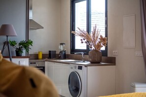 Eine moderne Küche mit Waschmaschine, Spüle, einem Fenster mit Jalousien und einem Blumentopf.