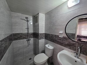 Een badkamer met douche, toilet, wastafel en spiegel.