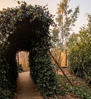 A wooden pathway leading through a dense archway of ivy. - Duo Tiny Houses – Bain nordique et nature (Saint-Blimont)