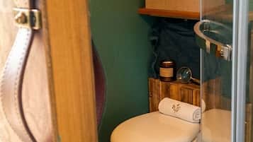 Une salle de bain comprenant des toilettes, un meuble en bois doté d’un thermostat numérique et une cabine de douche en verre.