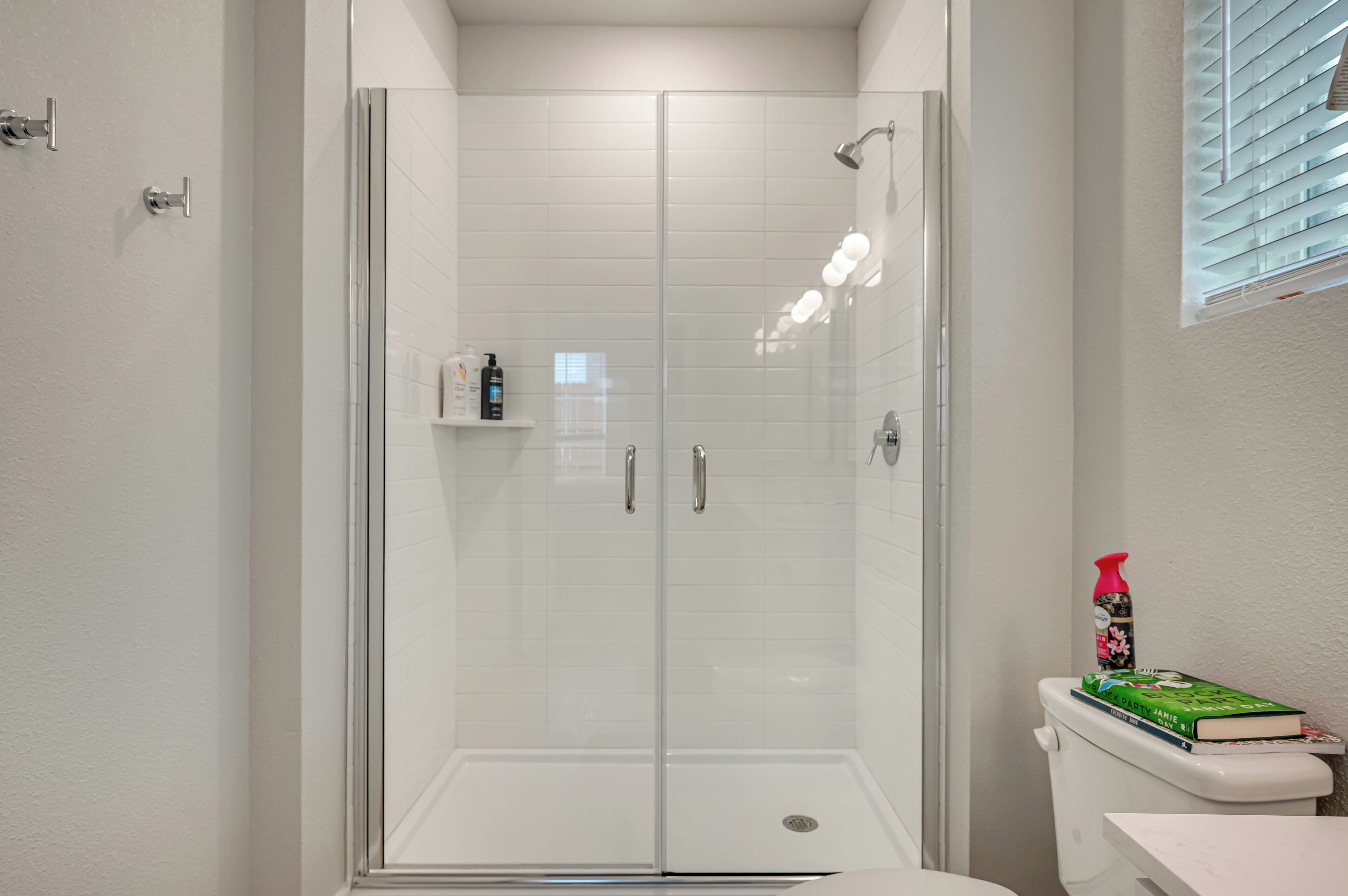 Hair dryer, towels, soap, toilet paper
