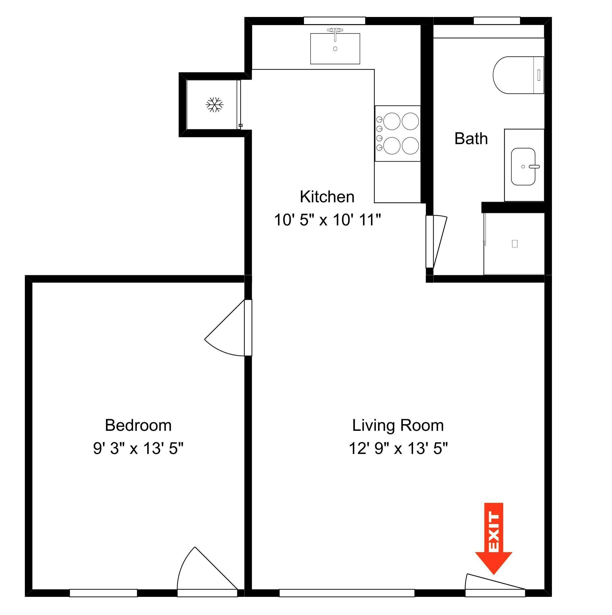 Ein Grundriss mit einem Schlafzimmer (2,8 m x 4,1 m), einem Wohnzimmer (3,9 m x 4,1 m) und einer Küche (3,2 m x 3,3 m).