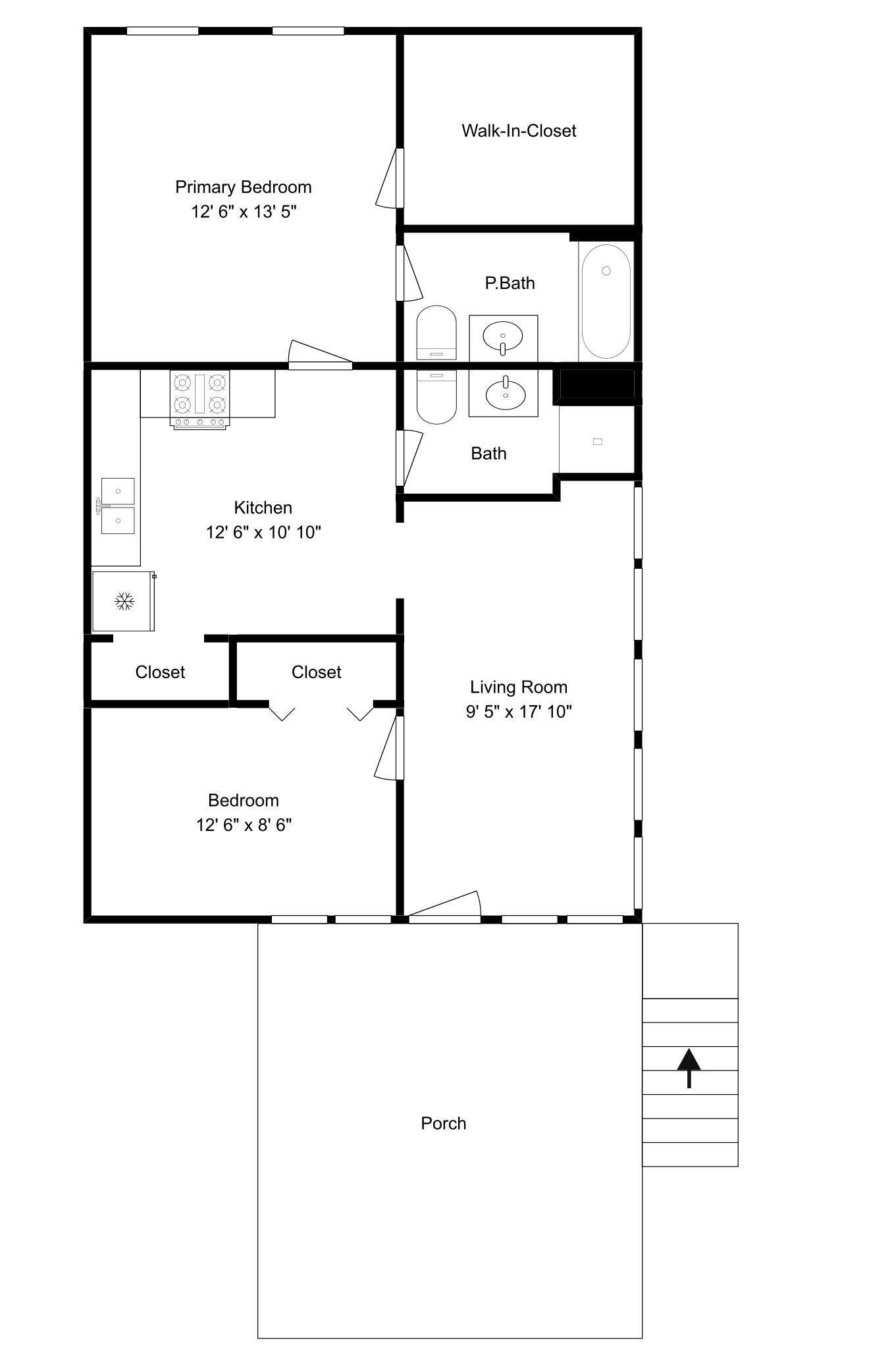 A floor plan with a primary bedroom, walk-in closet, kitchen, bathroom, living room, bedroom, and porch.