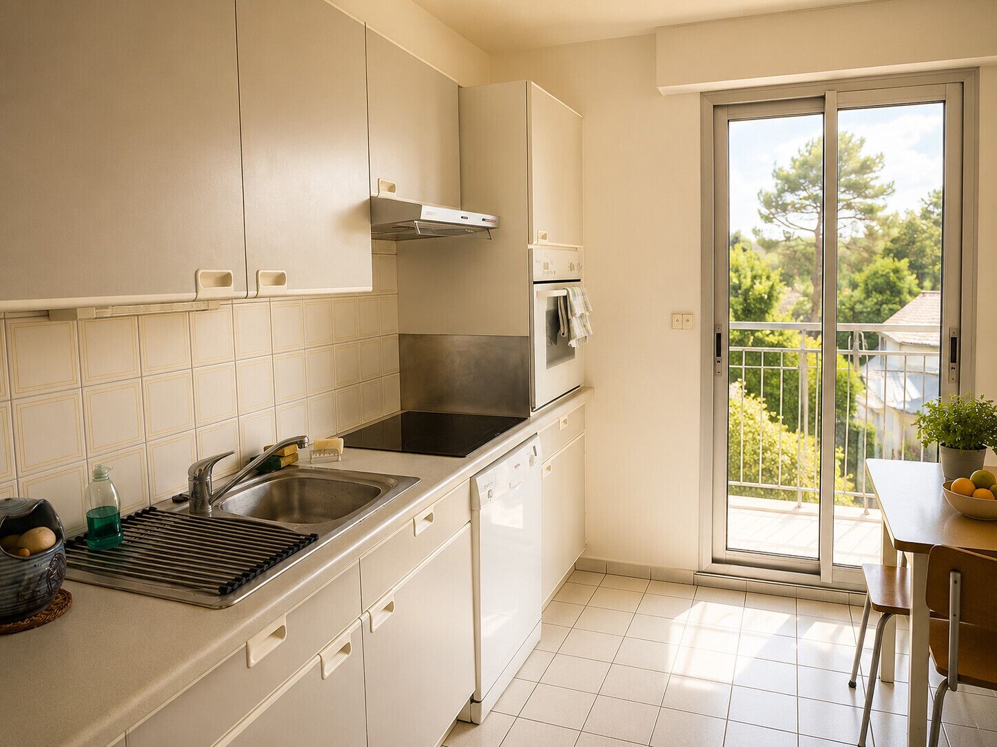 Coffee/tea maker, fridge, microwave, oven