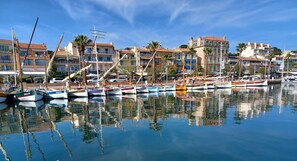 A marina with boats docked, buildings with balconies, and palm trees. - Studio for 4 people with pool, 150m from the sea (Sanary-sur-Mer)