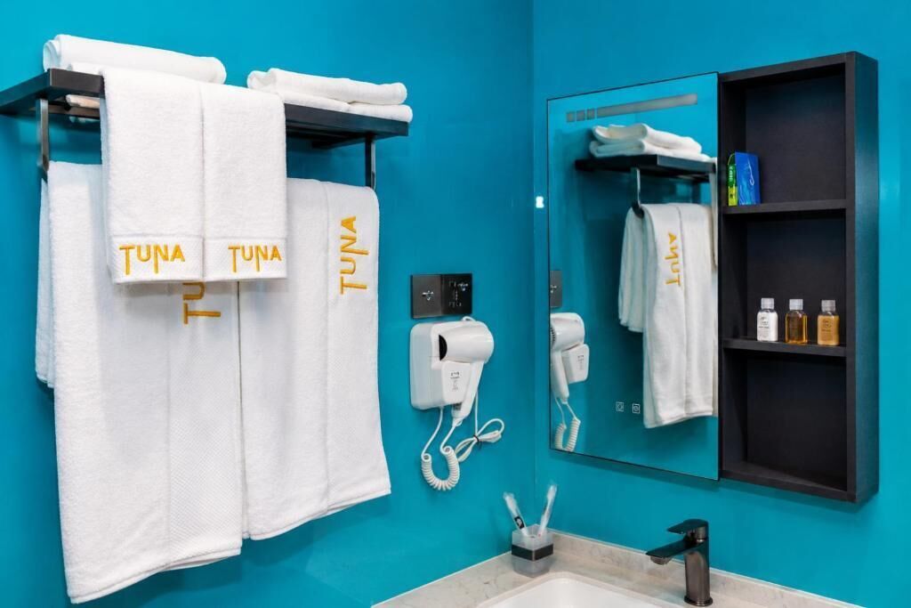 Shower, hair dryer, bidet, towels