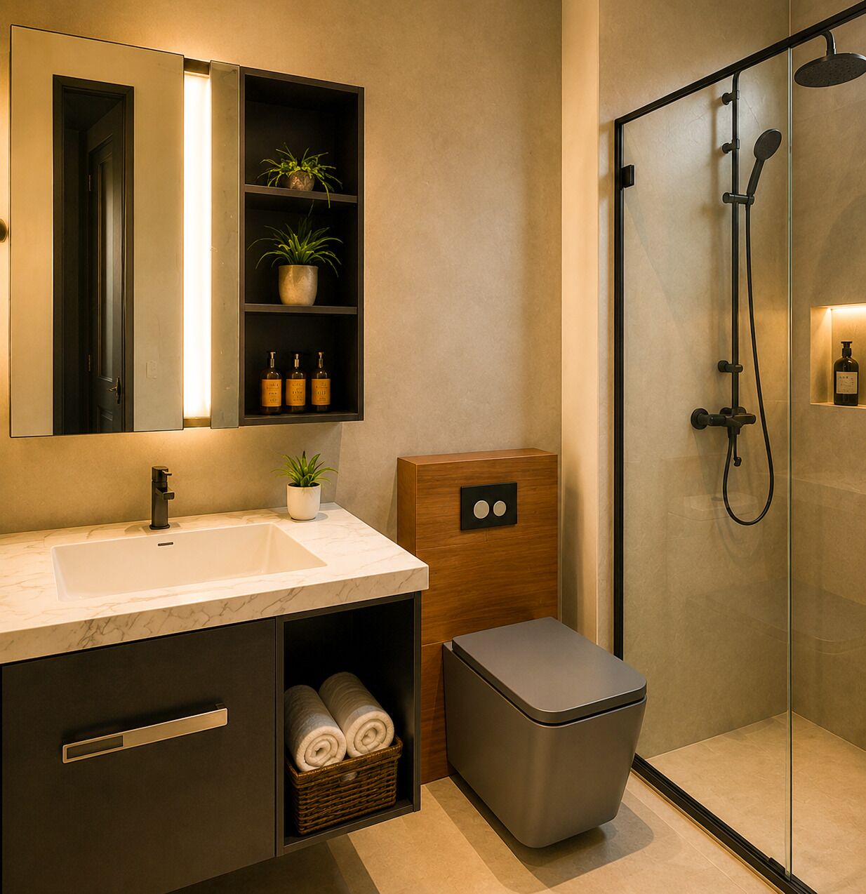 Shower, hair dryer, bidet, towels