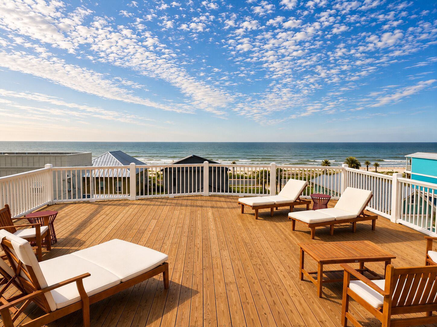 A wooden deck with lounge chairs and a view of the ocean.