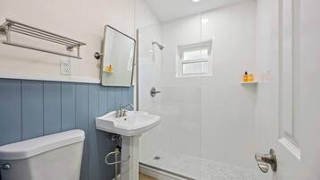 Shower, hair dryer, shampoo