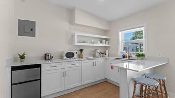 A modern kitchen with white cabinetry, a built-in microwave, a coffee maker, and a window with blinds.
