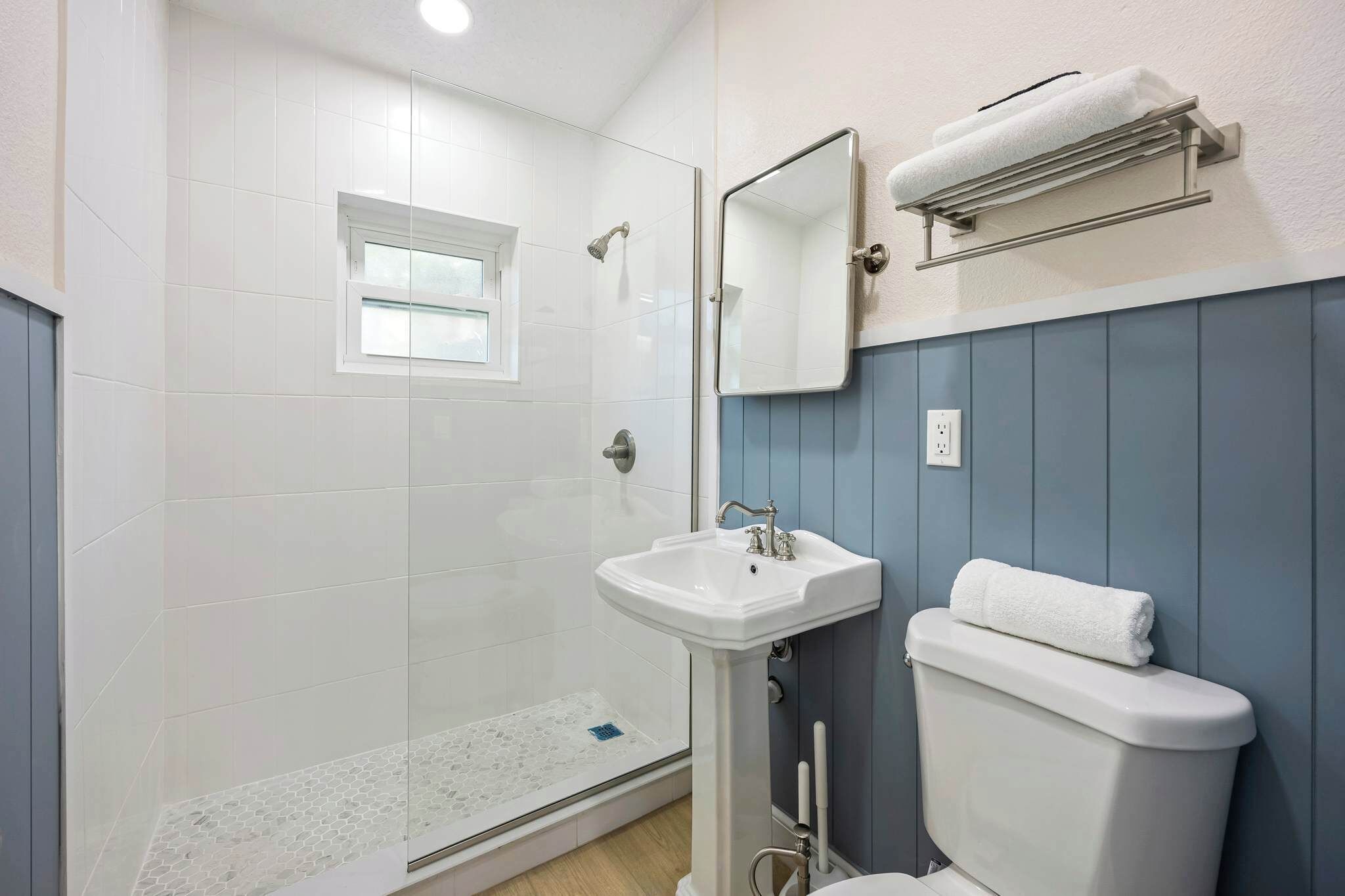 Shower, hair dryer, shampoo