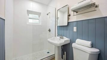 Shower, hair dryer, shampoo