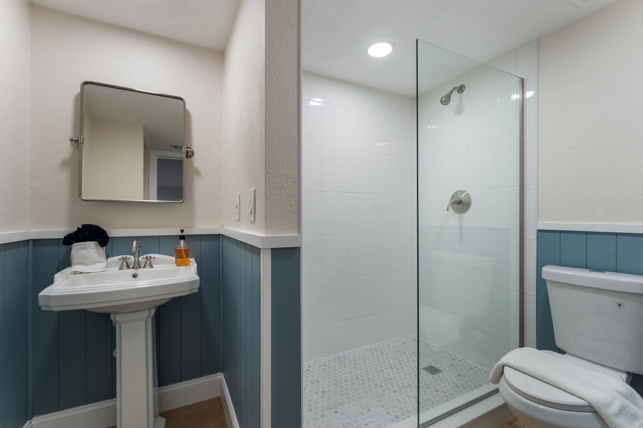 Shower, hair dryer, shampoo