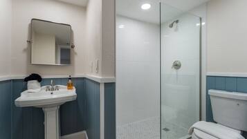 Shower, hair dryer, shampoo