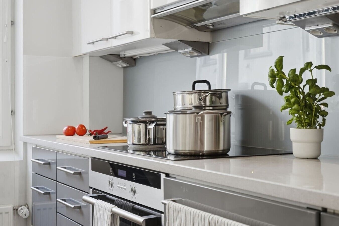 A modern kitchen with stainless steel appliances, a potted plant, and a cutting board with tomatoes.