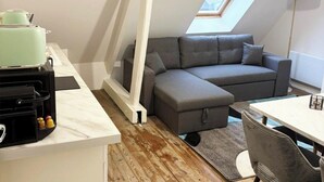 Una camera da letto in stile loft con finestra a lucernario, un divano grigio, un tavolo da pranzo e un angolo cottura con un tostapane.