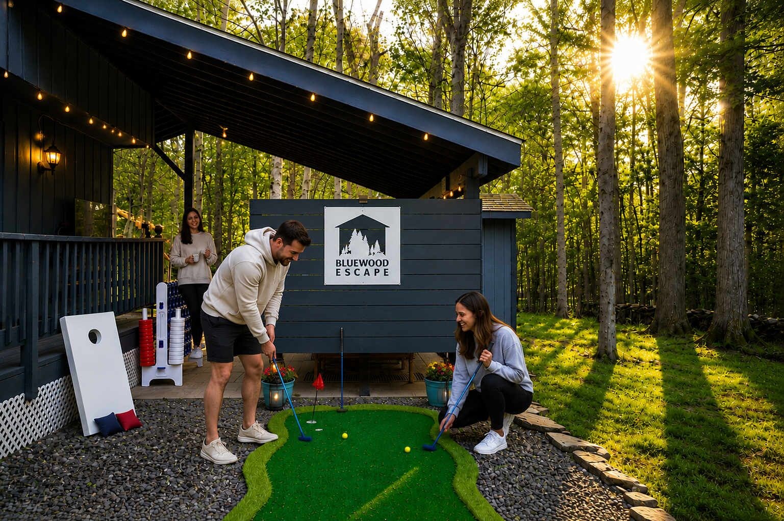 Un espace dédié au putting, avec un panneau indiquant « Bluewood Escape », entouré d’arbres et doté d’un espace de repos abrité.
