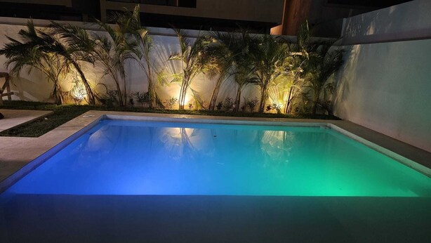 Ein rechteckiger Swimmingpool mit blauer bis grüner Beleuchtung, umgeben von Palmen und einer weißen Mauer.
