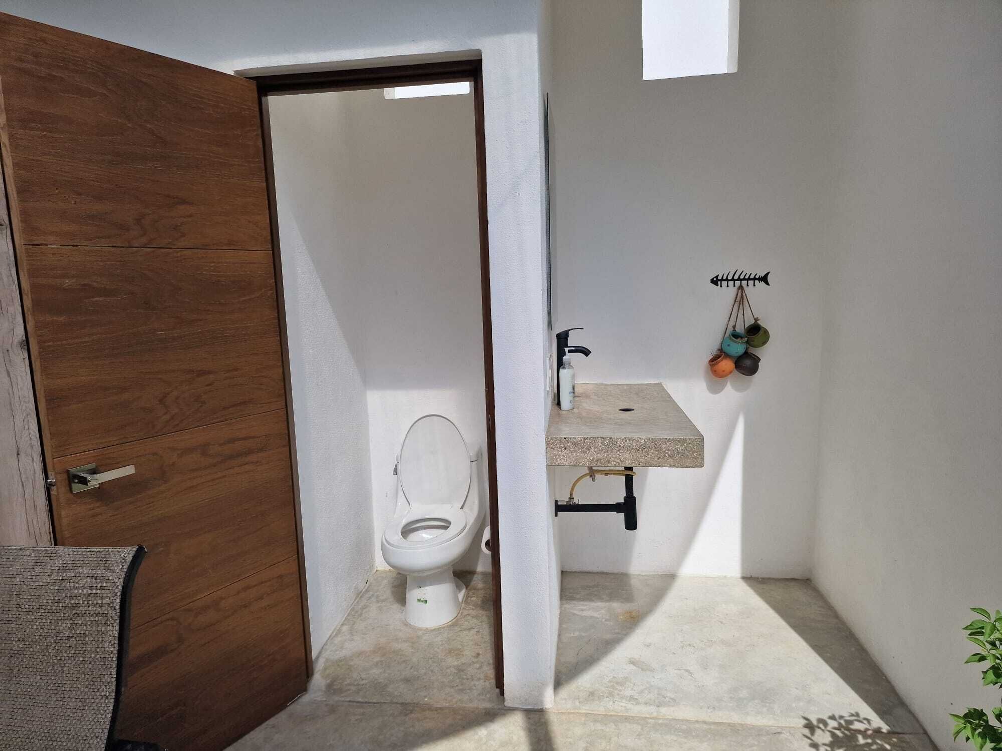 Een kleine badkamer met toilet, een wastafel en een houten deur.
