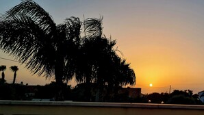 Een zonsondergang met silhouetten van palmbomen tegen de lucht.