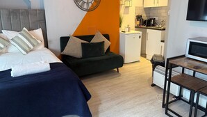 Een moderne kamer met een bed, een bank, een kitchenette en een televisie.