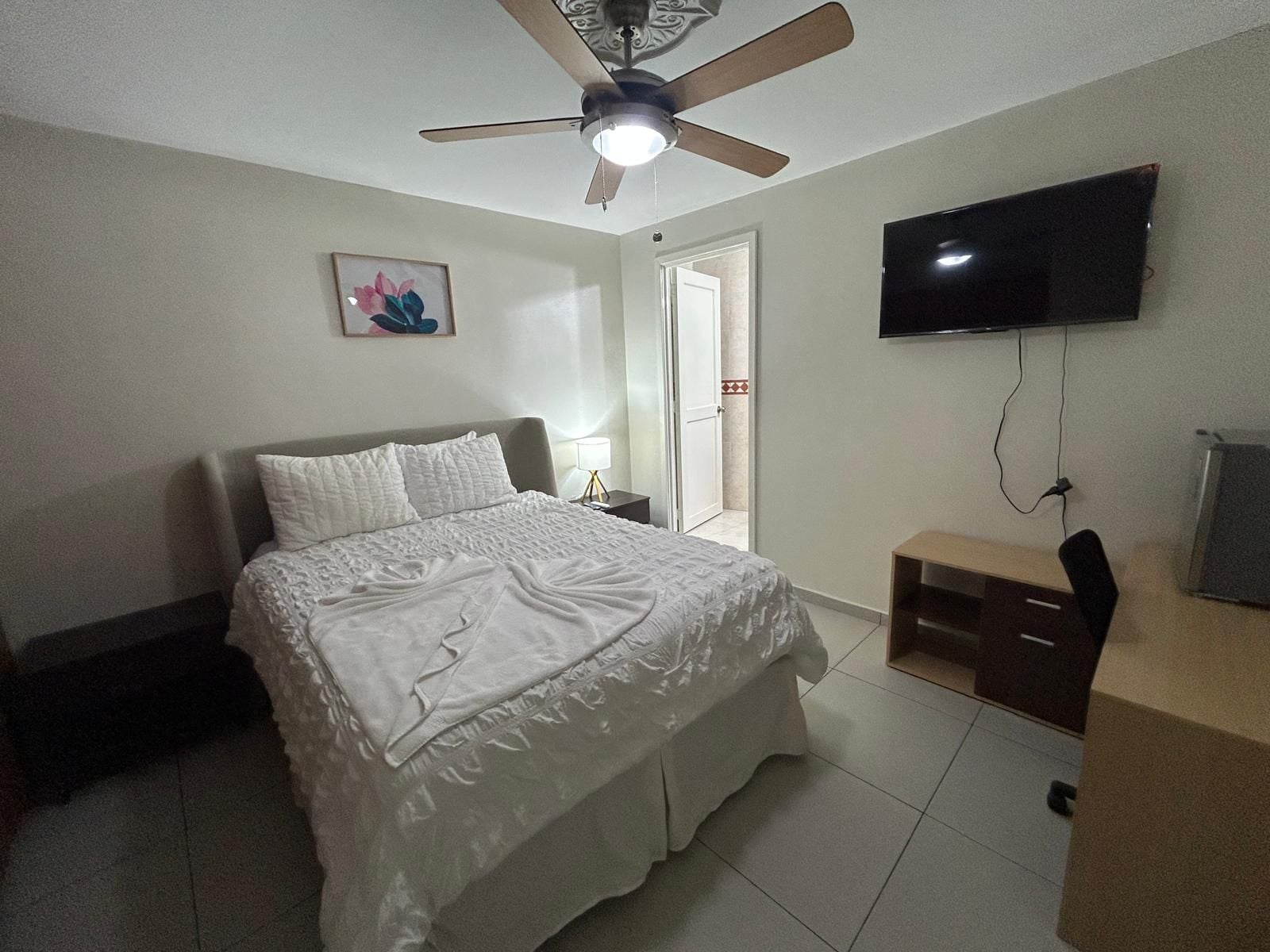 Una camera da letto con un letto, una ventola a soffitto, una TV e una scrivania.