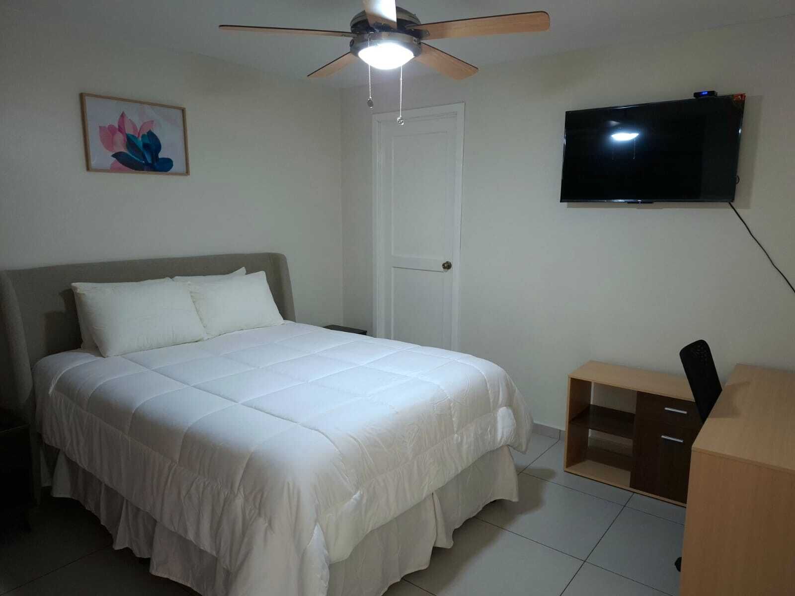 Een slaapkamer met een bed, een plafondventilator, een televisie en een deur.