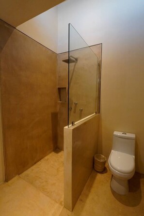 A bathroom with a shower, toilet, and a glass partition. - Beautiful studio in the heart of the city. (Merida)