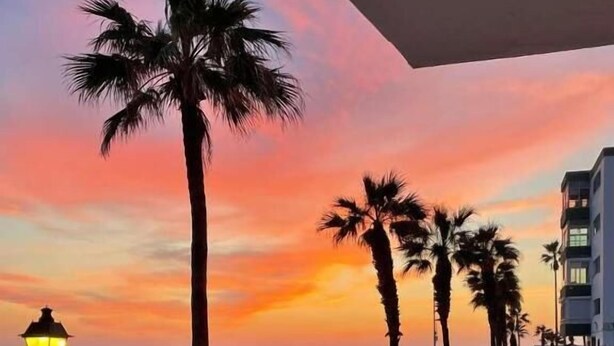 A coastal promenade with palm trees, a street lamp, and a building with a balcony. - Córdoba 8 by 7Escalones (Rota)
