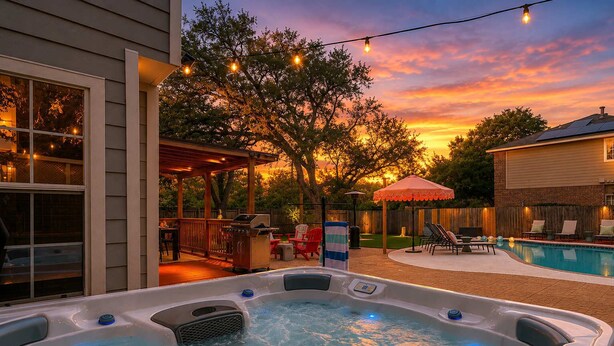 Un patio trasero con jacuzzi, mobiliario exterior y piscina.