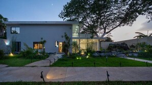 Uma casa moderna com um jardim bem cuidado, um caminho de entrada pavimentado e uma grande árvore.